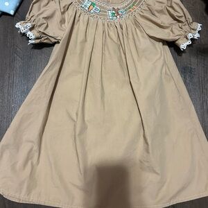 Adorable Tan Kids Easter Dress with Embroidery